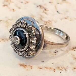 Vintage Art Deco Sterling Silver Halo Ring Onyx Rhinestones Size 6.5 Adjustable